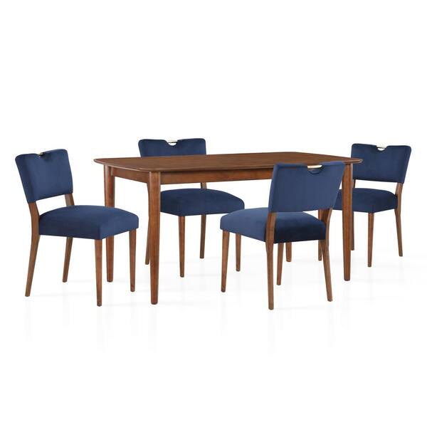 Unbranded Bonito 59-in. Rectangular 5-Piece Dining Set in Walnut Finish with Blue Velvet Fabric Upholstery