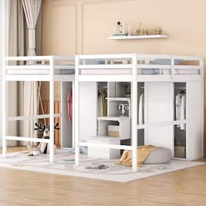 White Double Twin Loft Bed with 2 Wardrobes and Storage Staircase