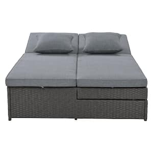 2-Person Wicker Outdoor Day Bed with Gray Cushions and Adjustable Backrest, Gray