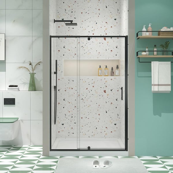 JimsMaison 48 in. W x 71 in. H Pivot Framed Shower Door in Matte Black Finish with Tempered Glass