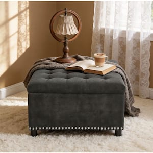 Dark Gray Polyester Square Storage Ottoman Medium (30 in. ) Ottoman with Nailhead Trim and Tufted Design