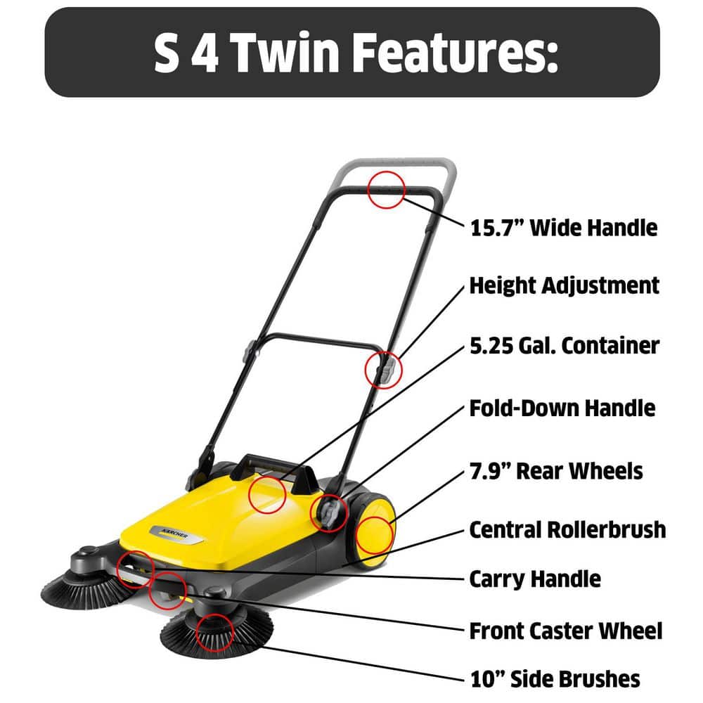 S 4 Twin Walk-Behind Outdoor Hand Push Sweeper - 5.25 Gal. Capacity - 3