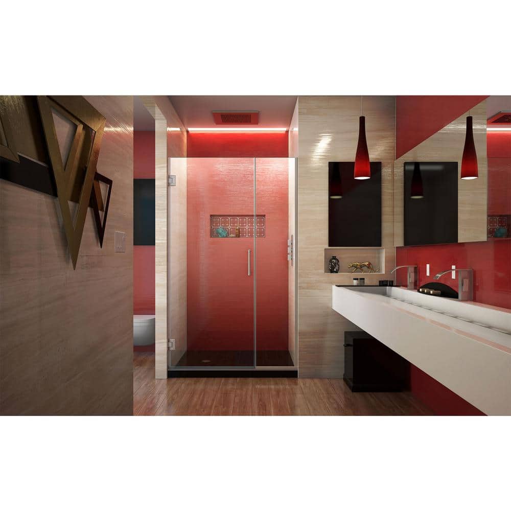 Unidoor Plus 44" Frameless Clear Glass Hinged Shower Door in Black