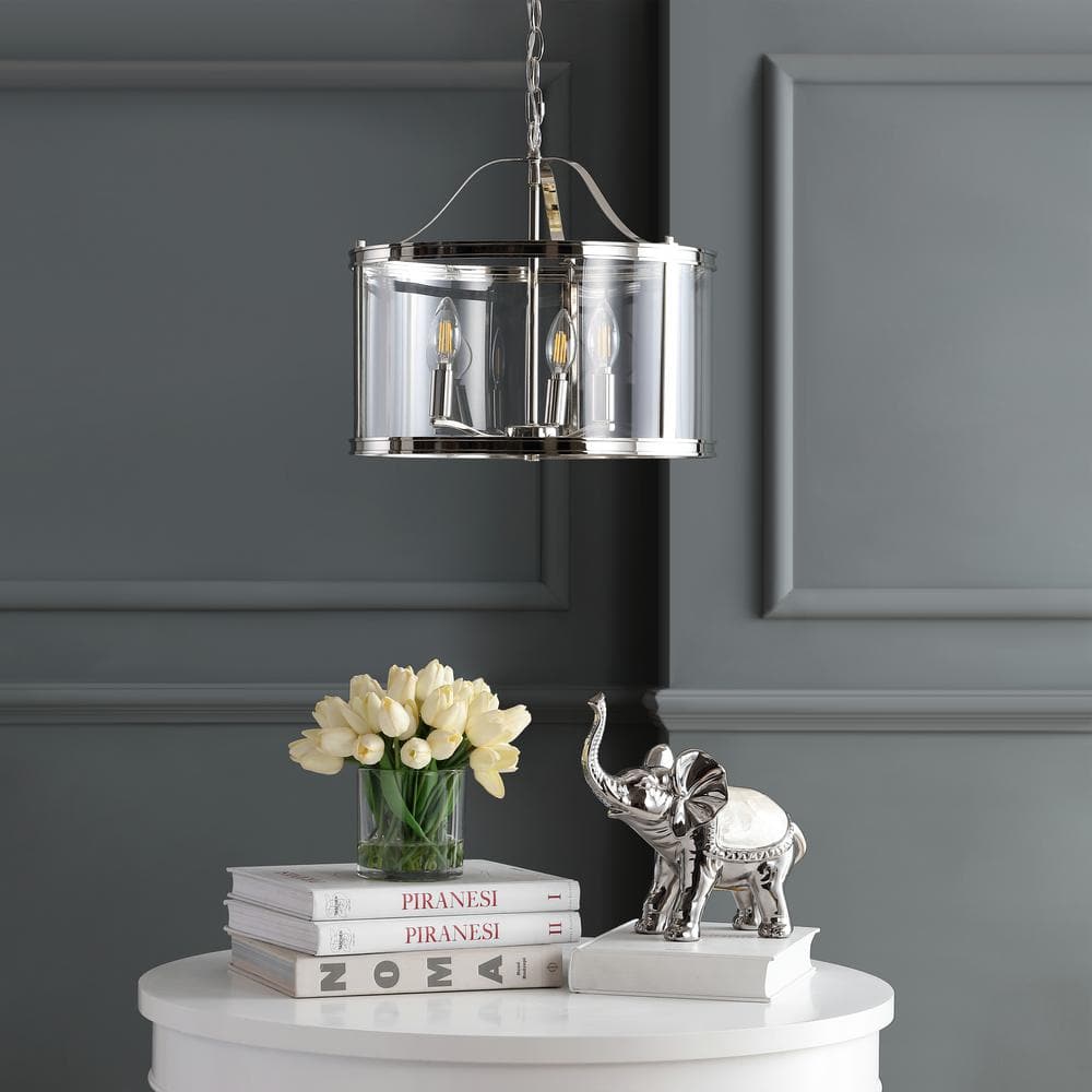 Shiny Nickel and Glass Drum Shade Chandelier