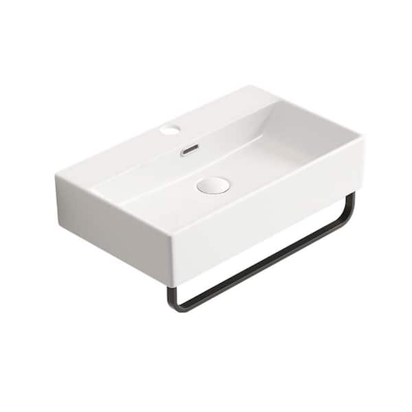 23.63 in. White Vessel Bathroom Sink with Towel Rack