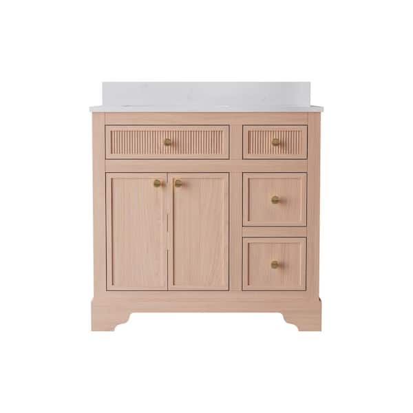 36 in. W Assembled Solid Wood Bathroom Vanity in Distressed Red Oak Flip Drawer White Quartz Top Single Sink