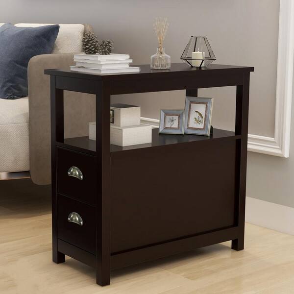 2 Drawer Brown Narrow Nightstand, Narrow Side Table With Shelf