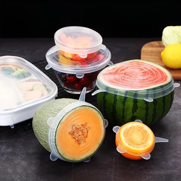 6 Piece Silicone Stretch Lids Set Airtight Leak-Proof Reusable Covers for Bowls Fruits Food Storage Kitchen
