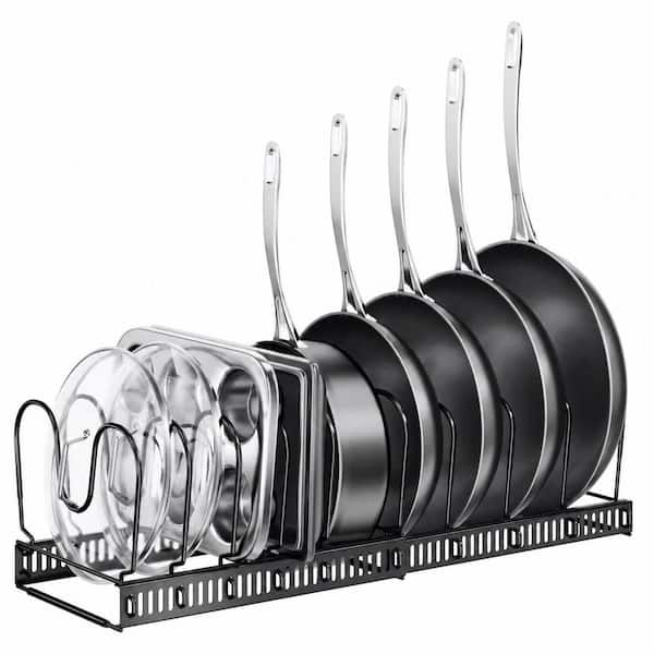 Expandable Pots and Pans Organizer Under Cabinet, 12 to 23 Inch Adjustable Rack with 10 Dividers, Black