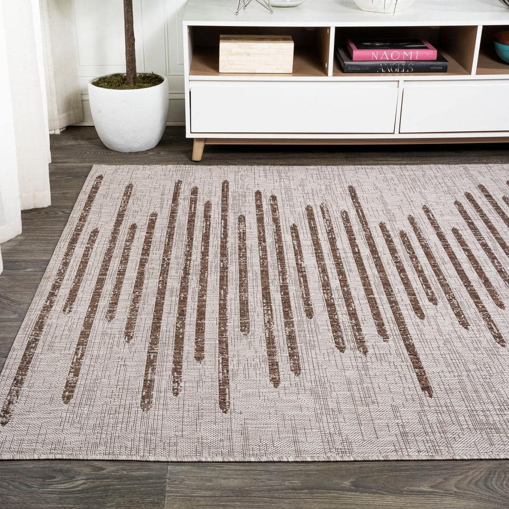 Beige and Brown Stripe Synthetic Indoor/Outdoor Area Rug