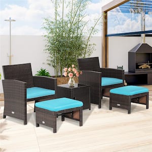 5-Piece Patio Rattan Furniture Set Ottoman Cushion with Cover Space Saving Turquoise