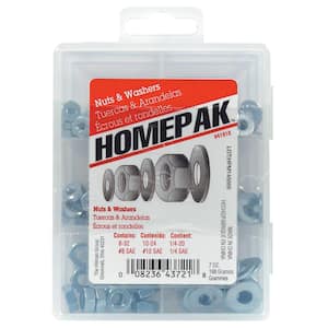 HOMEPAK Zinc Hex Nuts and Flat Washers Assorted Kit (175-Pack)