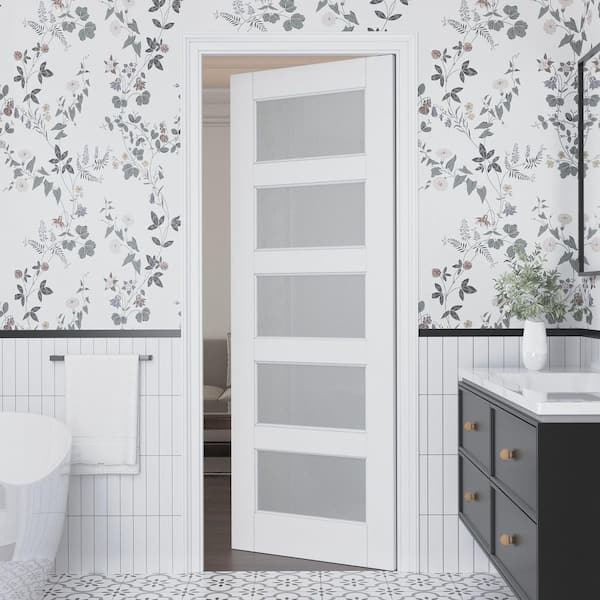 32 in. x 80 in. Solid Core 5-Lite Tempered Frosted Glass White Primed MDF Interior Door Slab