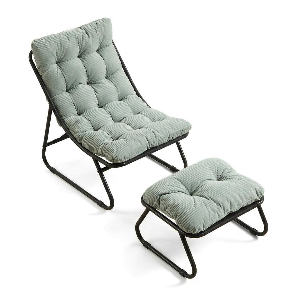 Steel Patio Outdoor Lounge Chair with Ottoman with Light Green Cushion, Ottoman