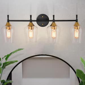 Arlo 30 in. 4-Lights Black and Antique Brass Vanity Light with Clear Glass Shades