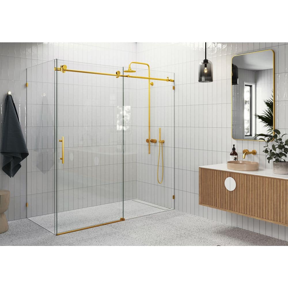 Nova 72" Satin Brass Frameless Sliding Glass Shower Enclosure