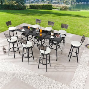 11-Piece Wicker Bar Height Outdoor Dining Set with Beige Cushions