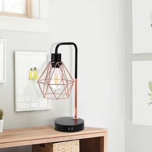 16.14 in. Black Industrial Touch Sensor Desk Lamps with 2 USB Charging Ports, 3-Way Dimmable Light with Gold Cage Shade