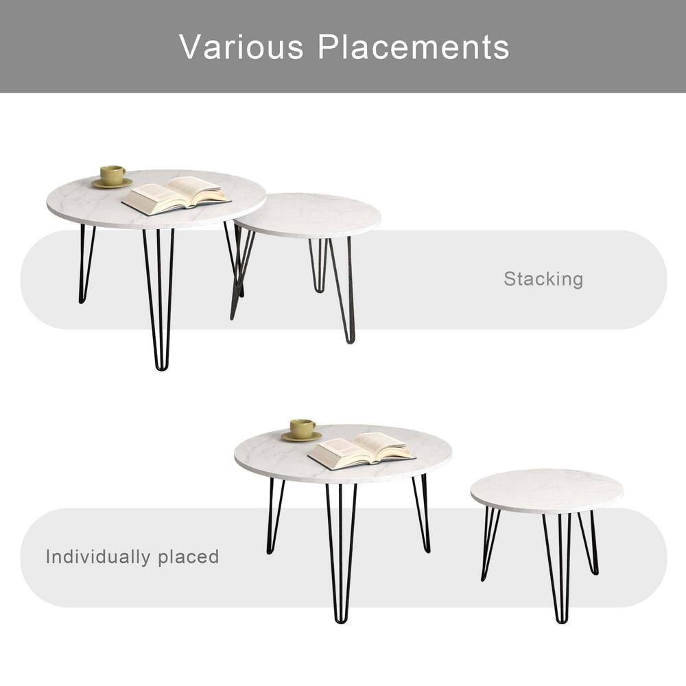 White Faux Marble Round Nesting Coffee Table Set with Metal Legs