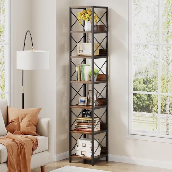 Frailey 75 in. Rustic Brown 6-Shelf Tall Narrow Bookcase Bookshelf Sto