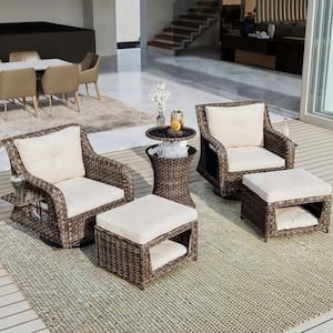 5 Piece Wicker Patio Conversation Set with Machine Washable Beige Cushion, Pet House, Cool Bar and Retractable Side Tray