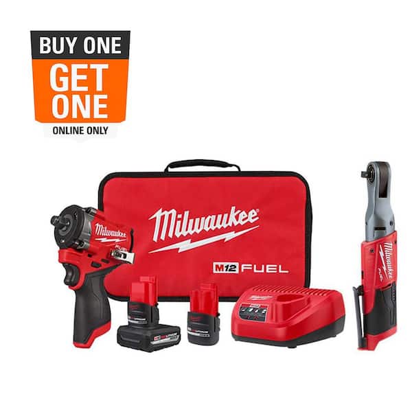 M12 FUEL 12V Li-Ion Brushless Cordless Stubby 1/2 in. Impact Wrench Kit w/(2) Batteries & 3/8 in. Ratchet