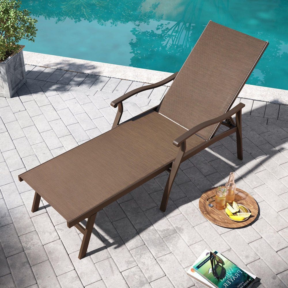 Brown Aluminum Adjustable Outdoor Chaise Lounge with Arms