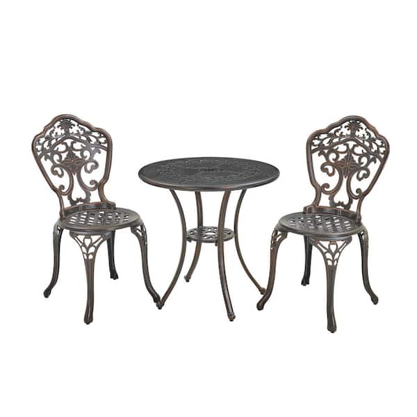 Kadehome Bronze Frame 3-Piece Cast Aluminum Round Table with Umbrella Hole Bar Height Outdoor Bistro Set