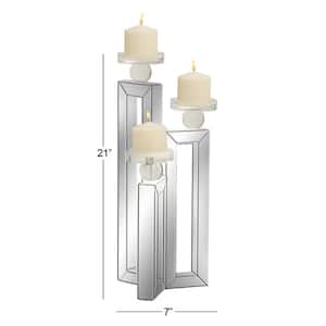 21 in. Silver Glass Pillar 3 Plate Candelabra with Mirrored Accents