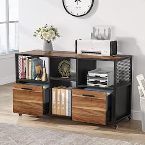 Atencio Brown 2 Drawer Wood File Cabinets, Rustic Mobile Lateral Filing Cabinet for Letter/A4 Size, Printer Stand