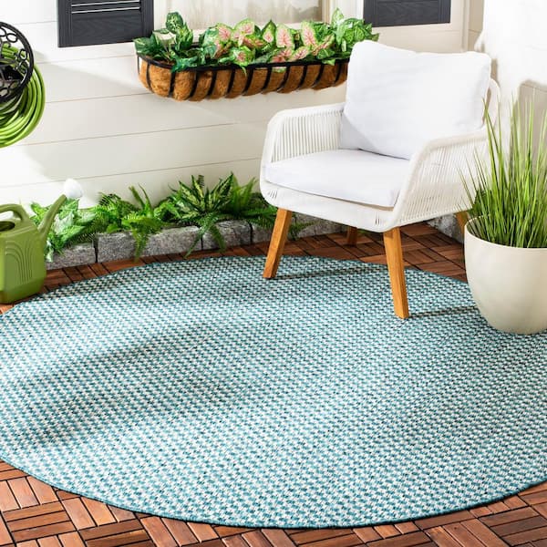 Courtyard Turquoise/Light Gray 9 ft. x 9 ft. Distressed Solid Color Indoor/Outdoor Round Area Rug