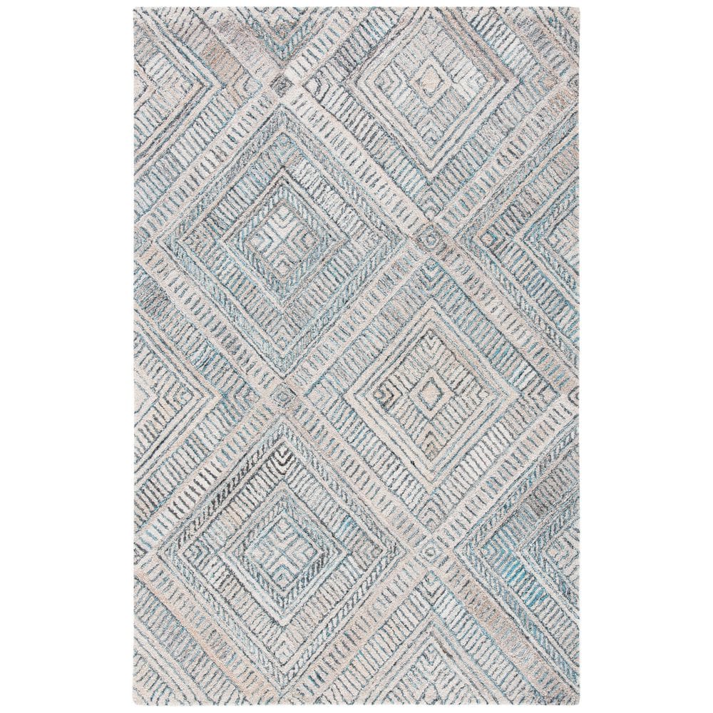 Turquoise and Beige Hand-Tufted Wool Geometric 4' x 6' Area Rug