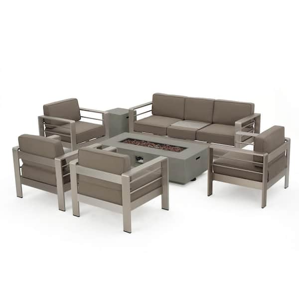 Noble House Valentina Khaki 7Piece Aluminum Patio Fire Pit Conversation Set with Khaki Cushions