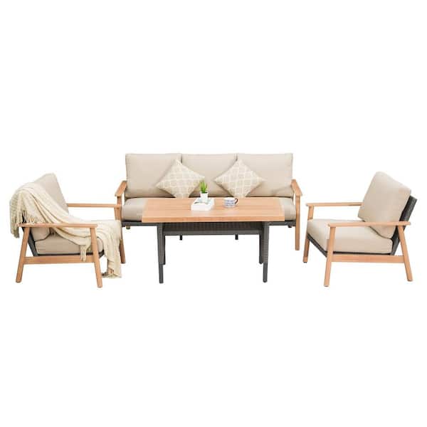 domi outdoor living 4-Piece Wicker Patio Conversation Set with Beige Cushions