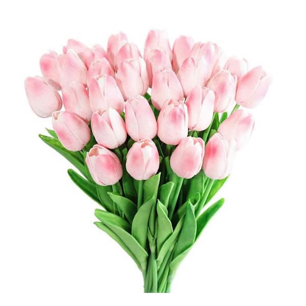 13 in. Pink Indoor Artificial Tulips Flowers UV Resistant, (30 Piece)