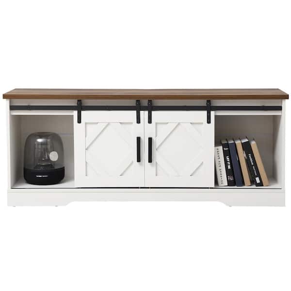 Farmhouse Sliding Barn Door 59 in. W hite TV Stand with 1 shelf Fits TV's up to 65 in. W ith Storage Cabinets