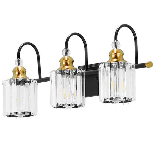 TOOLKISS 22 in. 3-Light Black Golden Bathroom Vanity Light with Crystal Shades