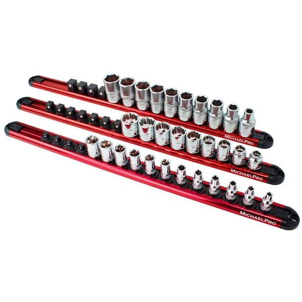3pc 1/4" 3/8" 1/2" Socket Holder Rail Rack Mount Steel Drawer Tray Organizer 