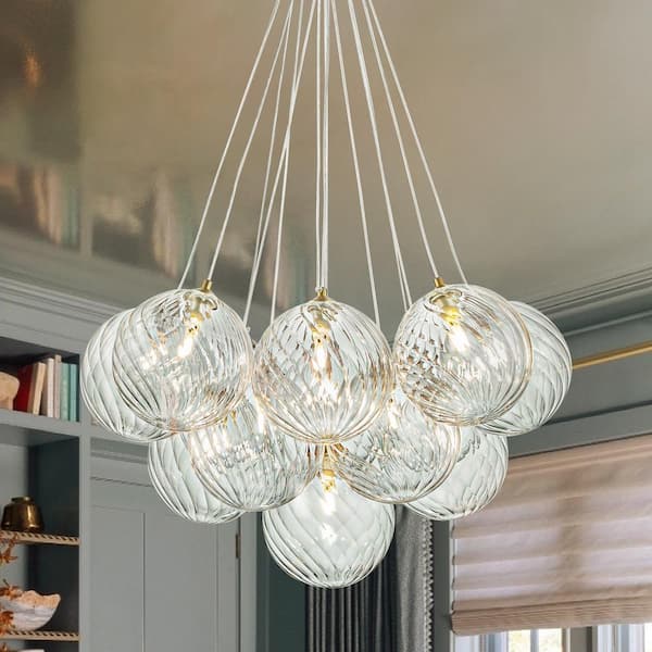 RRTYO Bolton 13-Light Modern Brushed Brass Sputnik Cluster Clear Swirled Glass Globe Bubble Chandelier for Living Room
