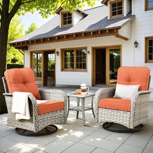 Gerbera 3-Piece Gray Wicker Outdoor Rocking Chairs with Coffee Table and Orange Red Cushions