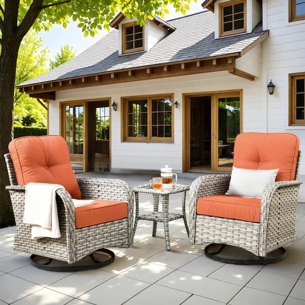 weaxty W Gerbera 3-Piece Gray Wicker Outdoor Rocking Chairs with Coffee Table and Orange Red Cushions