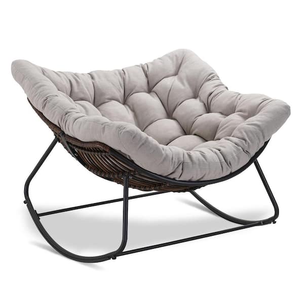 Tenleaf Rattan Rope Dark Gray Frame 42 in. W Metal Outdoor Rocking Chair with Light Gray Olefin Cushion
