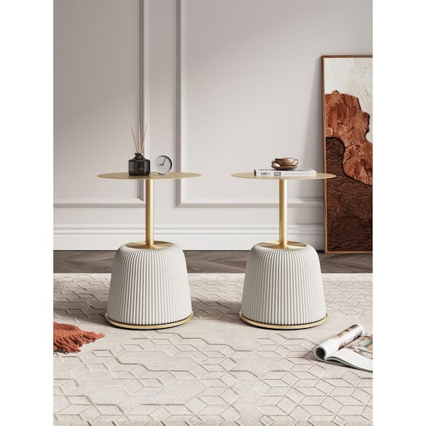 Manhattan Comfort Anderson Modern 15.75 in. Cream Round Metal Faux Leather Upholstered End Table (Set of 2)