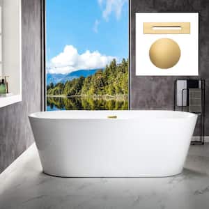 Teaneck 71 in. Acrylic FlatBottom Double Ended Bathtub with Brushed Gold Overflow and Drain Included in White