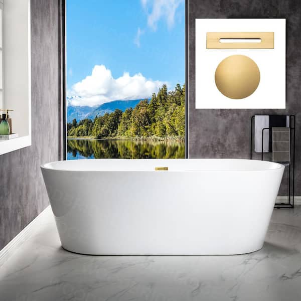 Teaneck 71 in. Acrylic FlatBottom Double Ended Bathtub with Brushed Gold Overflow and Drain Included in White