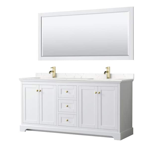 Wyndham Collection Avery 72 in. W x 22 in. D x 35 in. H Double Sink Bath Vanity in White with Carrara Cultured Marble Top and 70 in. Mirror