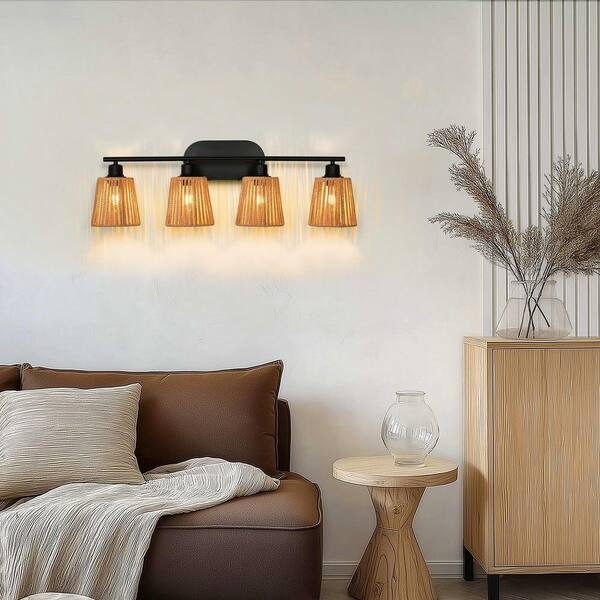 Nafissa 29.53 in. 4 Light Brown Boho Vanity Light with Rattan Shade, Modern Famhouse Bathroom Over Mirror Lights