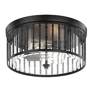 Industrial 13.77 in. 2-Light Black Farmhouse Flush Mount Ceiling Light with Seeded Glass Shade