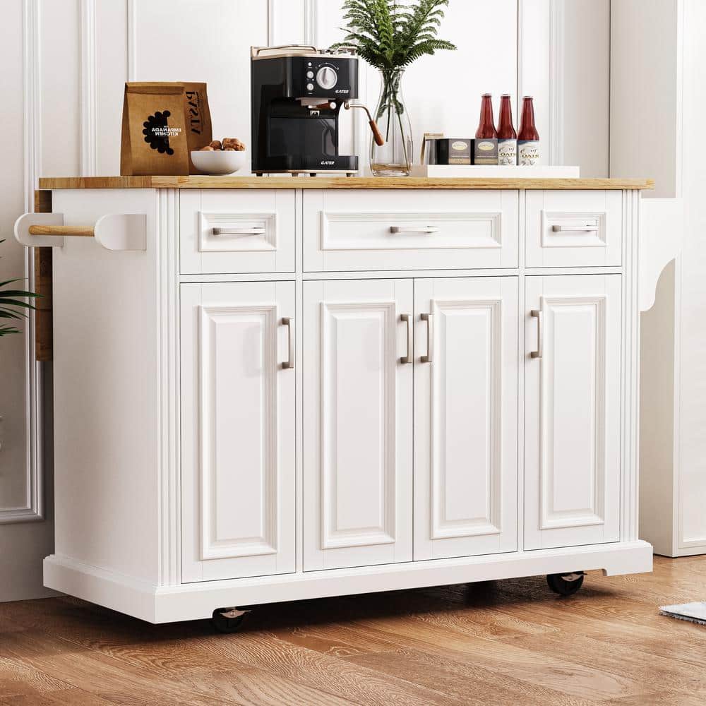 White Wood 54 in. Kitchen Island with Drop Leaf, Embossed Texture Rolling C