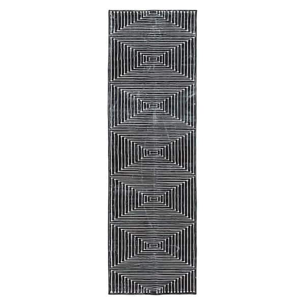 Bohemian Stripes Washable Non Slip Black 2 ft. x 8 ft. Runner Rug